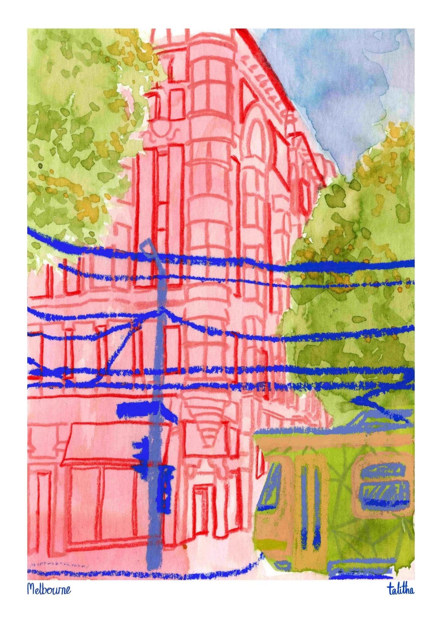Collins & Elizabeth St, Melbourne - made by talitha - Print - Art print reproduction of ‘Collins & Elizabeth Street’ — a layered cityscape in pastel, watercolour and pencil from Melbourne, made by talitha.