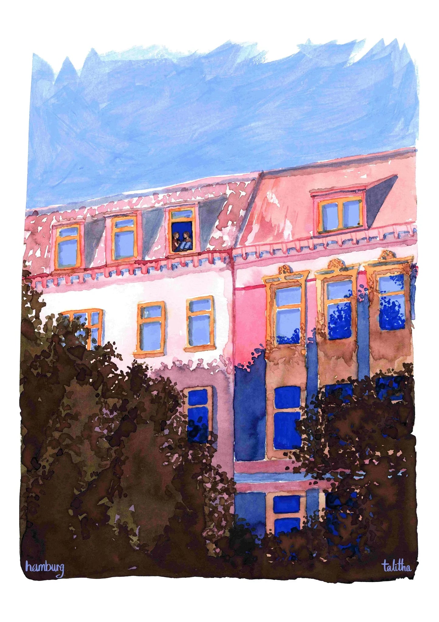 Sharing a cig, Hamburg - made by talitha - Print - Art print reproduction of ‘Sharing a Cig’ — a gentle watercolour ink scene of two friends sharing a quiet street moment, made by talitha.