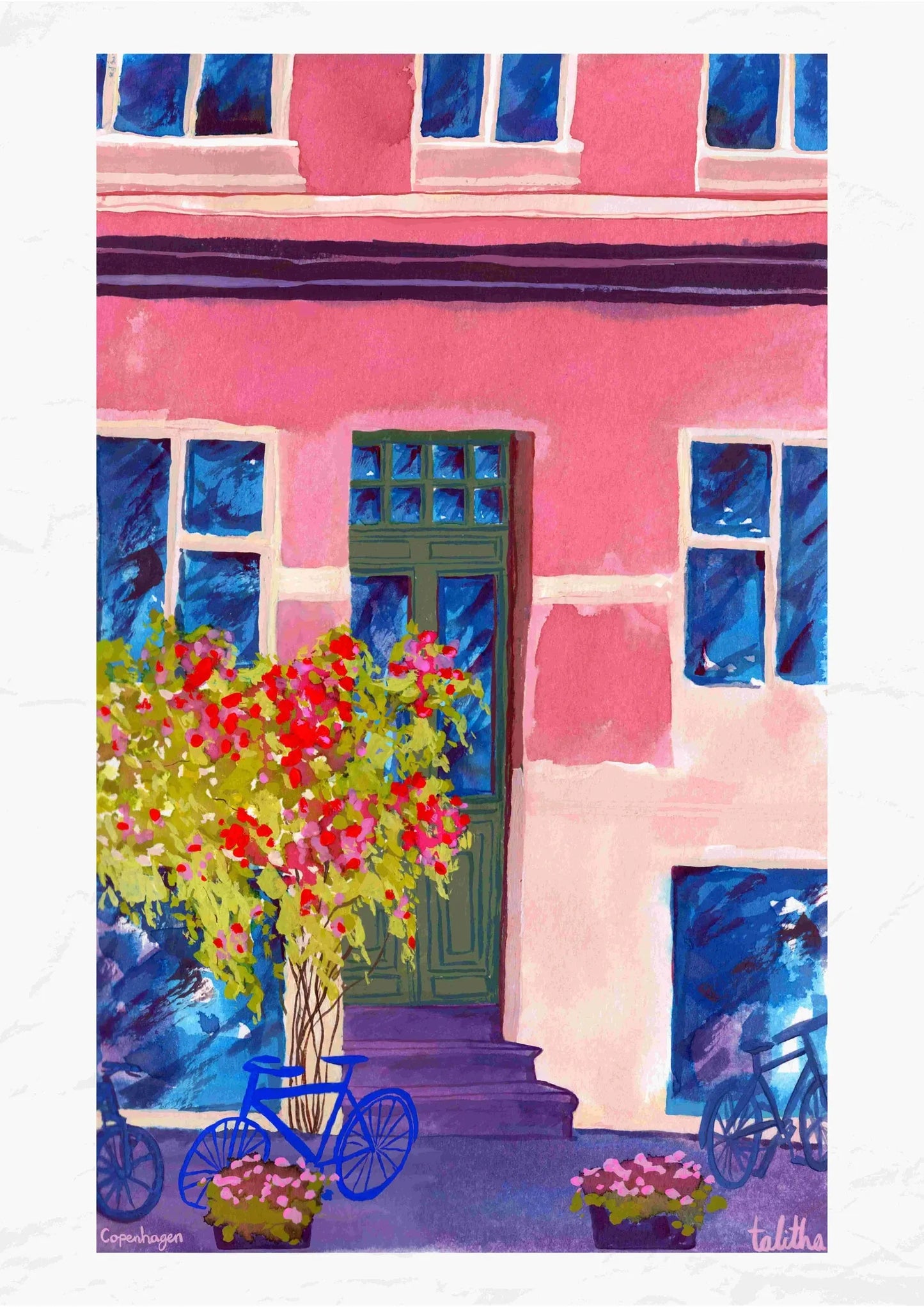 Bicycles & Flowers, Copenhagen - made by talitha - Print - Art print reproduction of ‘Bicycles & Flowers’ — a soft watercolour sketch of bikes and blooms from daily life, made by talitha.