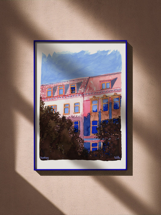 Sharing a cig, Hamburg - made by talitha - Print - Art print reproduction of ‘Sharing a Cig’ — a gentle watercolour ink scene of two friends sharing a quiet street moment, made by talitha.