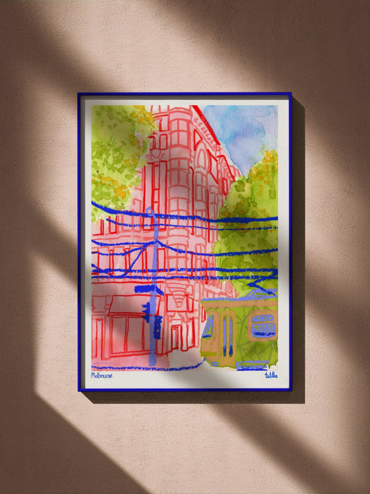 Collins & Elizabeth St, Melbourne - made by talitha - Print - Art print reproduction of ‘Collins & Elizabeth Street’ — a layered cityscape in pastel, watercolour and pencil from Melbourne, made by talitha.