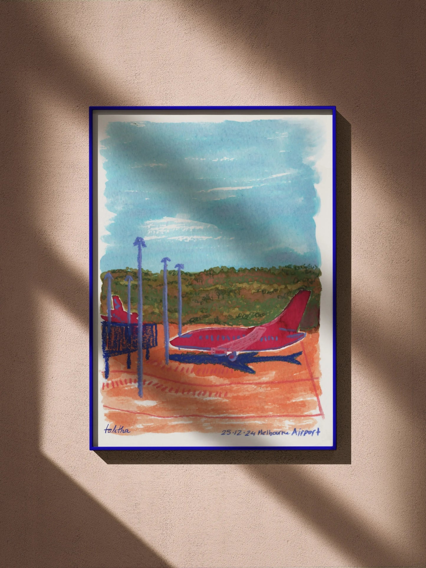 Melb Airport - made by talitha - Print - Art print reproduction of ‘Melb Airport’ — a sketchbook study in ink, pastel, and pencil capturing a travel moment, made by talitha.