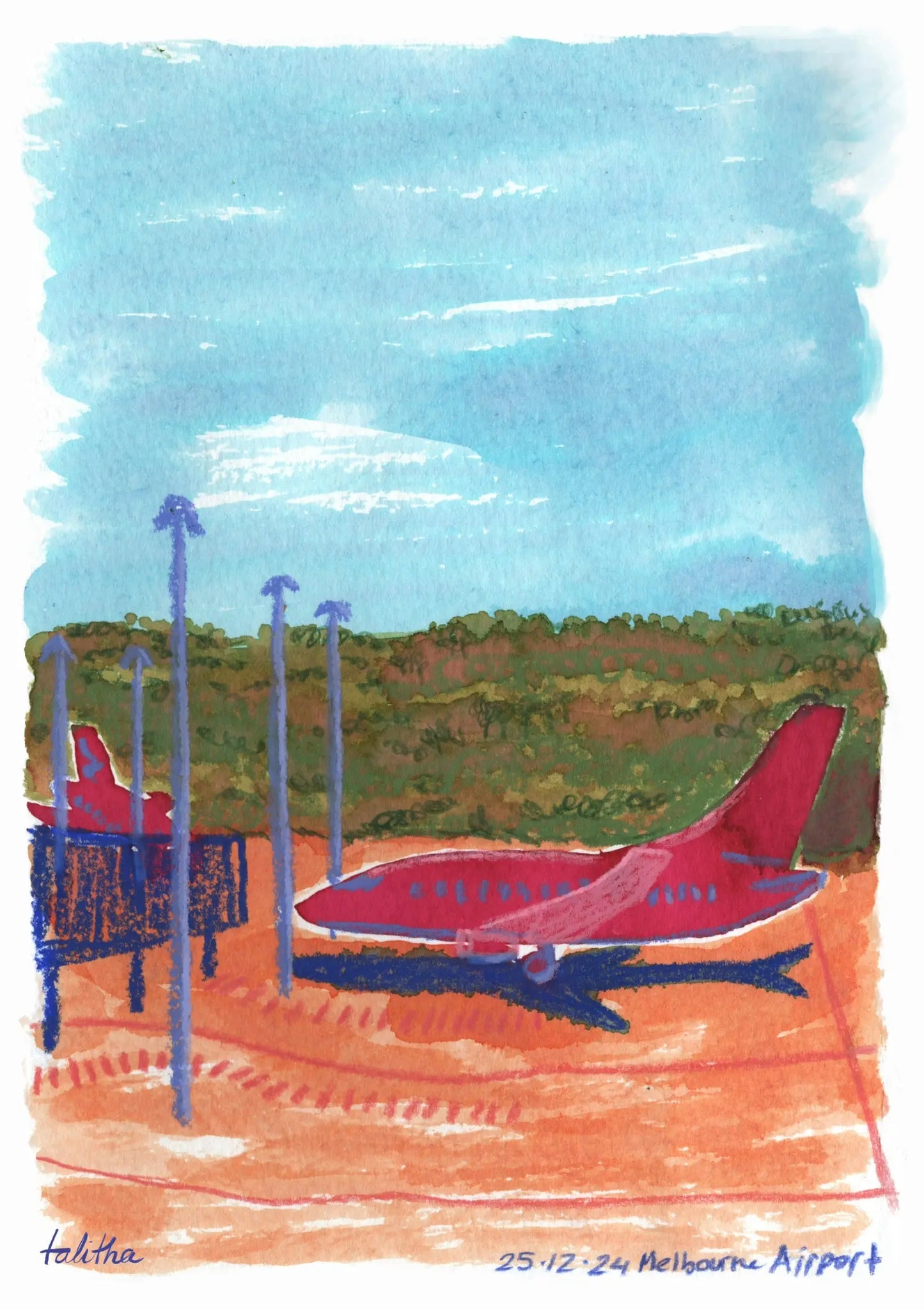 Melb Airport - made by talitha - Print - Art print reproduction of ‘Melb Airport’ — a sketchbook study in ink, pastel, and pencil capturing a travel moment, made by talitha.