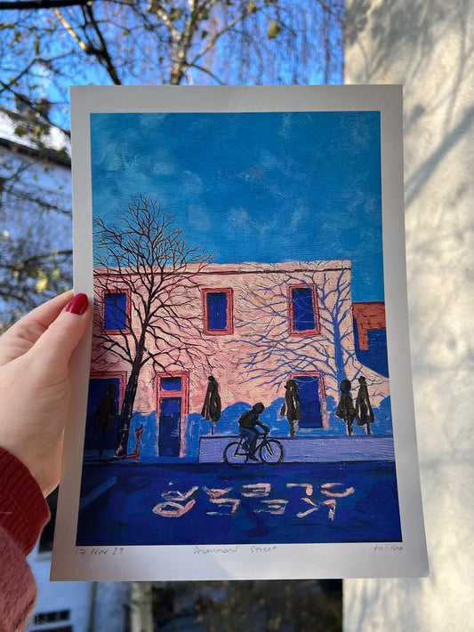 Drummond St, Melbourne - made by talitha - Print - Art print reproduction of ‘Drummond Street’ — an oil painting of Melbourne’s textures and sunlight on wood, from the Familiar Streets Series, made by talitha.