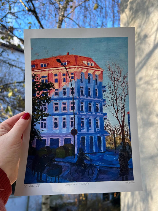Altonaerstraße, Hamburg - made by talitha - Print - Art print reproduction of ‘Altonaerstraße’ — a linseed oil street painting from Hamburg’s Altona district, part of the Familiar Streets Series, made by talitha.