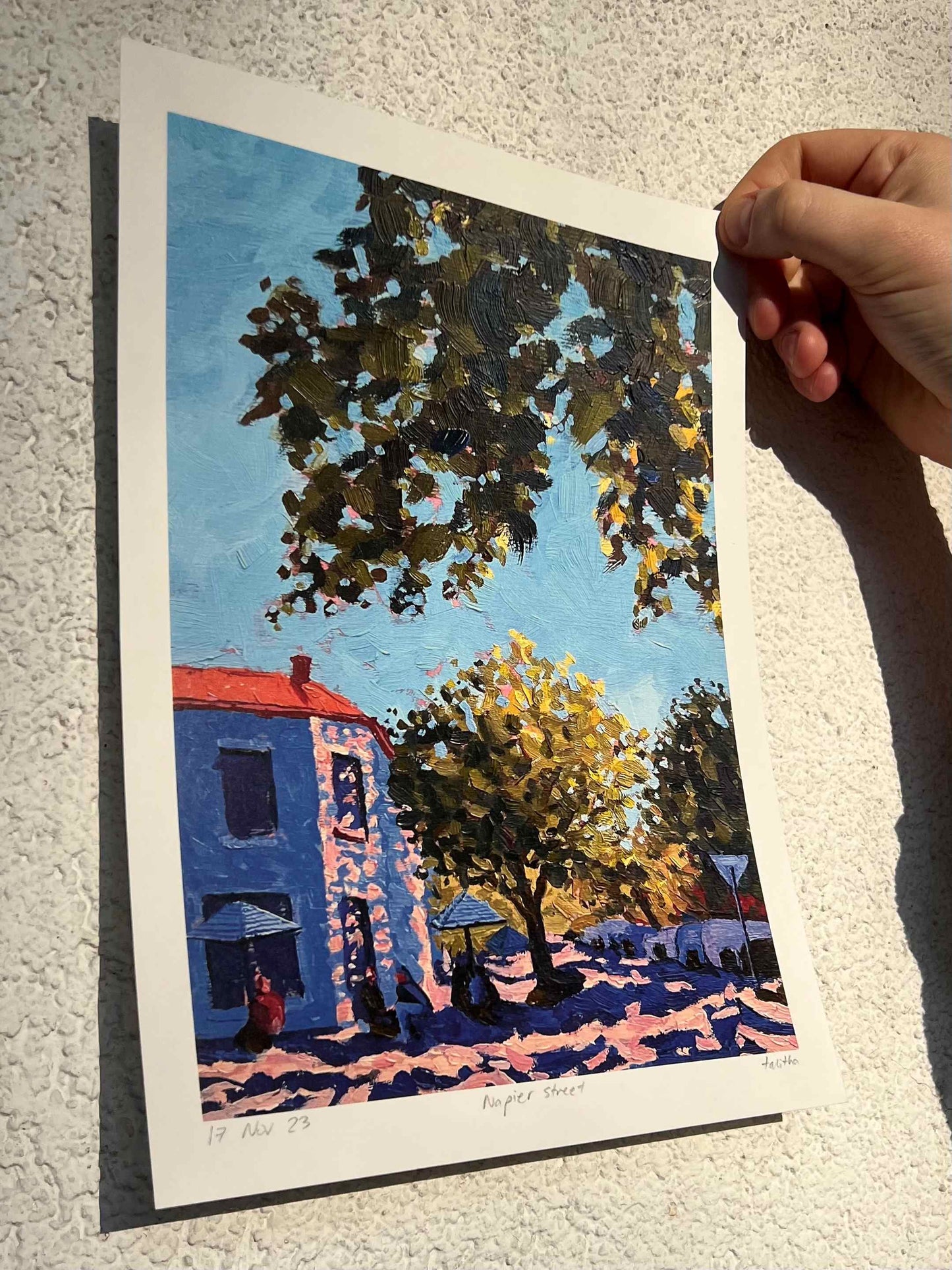 Napier st, Melbourne - made by talitha - Print - Art print reproduction of ‘Napier Street’ — a linseed oil painting of Melbourne facades and soft light, part of the Familiar Streets Series, made by talitha.