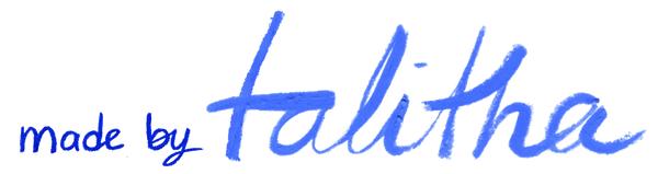 Blue text 'made by talitha' on a white background