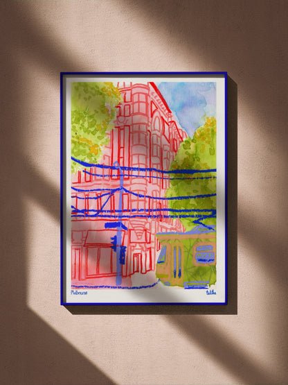 Collins & Elizabeth St, Melbourne - made by talitha -  Print -  Art print reproduction of ‘Collins & Elizabeth Street’ — a layered cityscape in pastel, watercolour and pencil from Melbourne, made by talitha.
