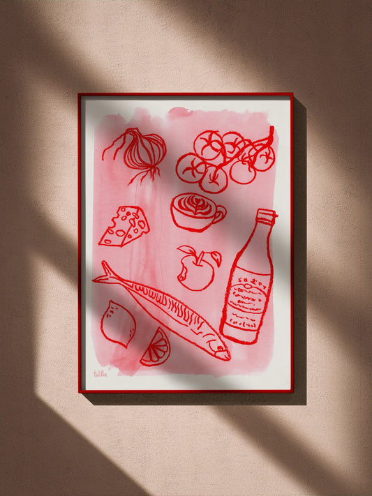 Fav Foods - made by talitha -  Print -  Art print reproduction of ‘Fav Foods’ — a colourful mixed-media sketch of everyday meals using watercolour ink and pastel, made by talitha.