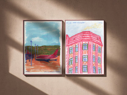 Melb Airport - made by talitha -  Print - Art print reproduction of ‘Melb Airport’ — a sketchbook study in ink, pastel, and pencil capturing a travel moment, made by talitha.