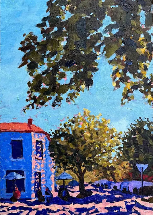 Napier st, Melbourne - made by talitha -  Print -  Art print reproduction of ‘Napier Street’ — a linseed oil painting of Melbourne facades and soft light, part of the Familiar Streets Series, made by talitha.