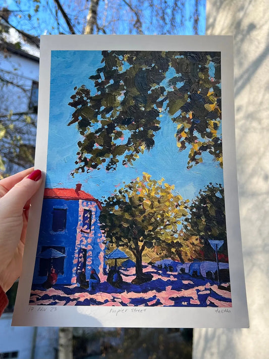 Napier st, Melbourne - made by talitha -  Print -  Art print reproduction of ‘Napier Street’ — a linseed oil painting of Melbourne facades and soft light, part of the Familiar Streets Series, made by talitha.
